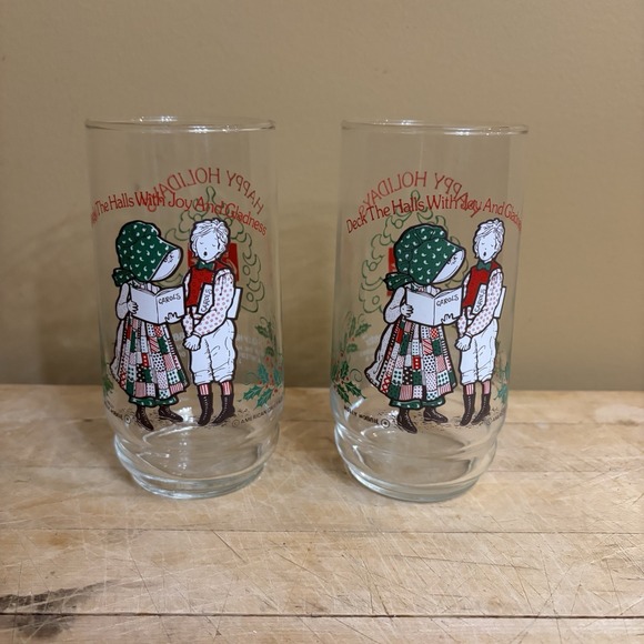 COCA-COLA LIMITED EDITION GLASS CHRISTMAS HOLLY HOBBIE & ROBBY 1980‎ Set 2 12oz
